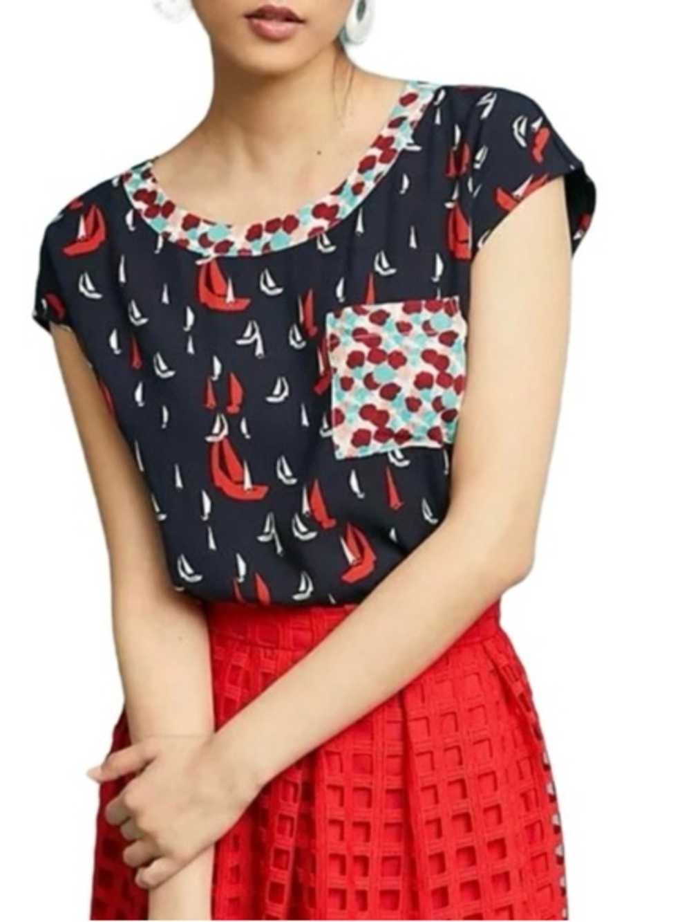 Anthropologie Navy Short-Sleeve Tee with Red Sailboat Print and Multicolor Trim